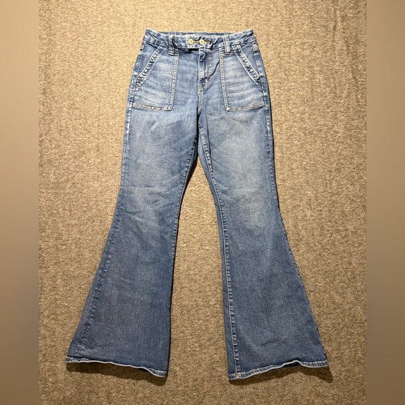 American Eagle jeans womens 10 blue Curvy Super High Rise Flare double button - Picture 1 of 13
